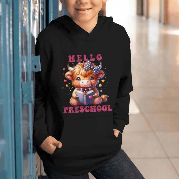 Hello Preschool Cute Highland Cow Lover Back To School Graphic Youth Hoodie Hello Preschool Cute Highland Cow Lover Back To School Graphic Youth Hoodie