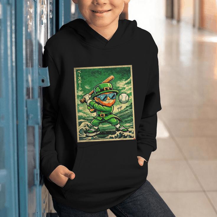 Leprechaun Playing Baseball Japanese Art St Patricks Day Graphic Youth Hoodie
