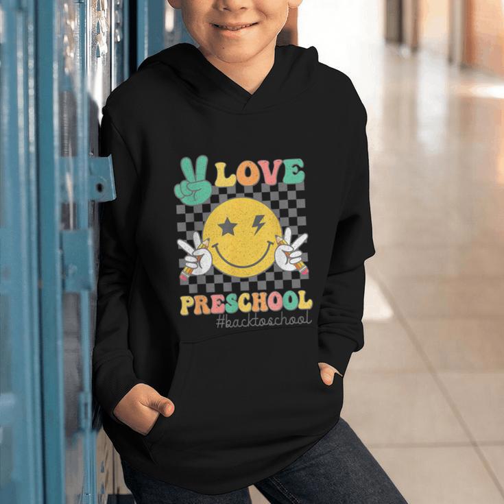 Peace Love Preschool Smile Face Back To School PRESCHOOL Graphic Youth Hoodie Peace Love Preschool Smile Face Back To School PRESCHOOL Graphic Youth Hoodie
