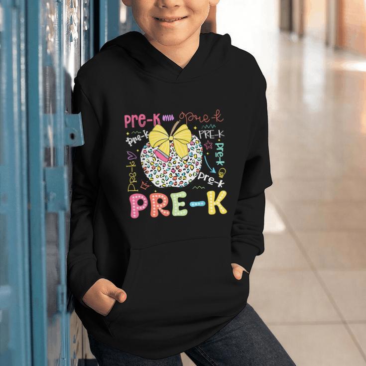 Pre-K Typography First Day Back To School Leopard Apple Graphic Youth Hoodie Pre-K Typography First Day Back To School Leopard Apple Graphic Youth Hoodie