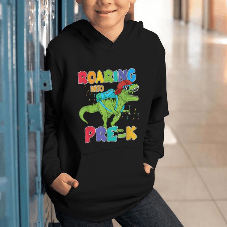 Roaring Into Pre-K Preschool Dinosaur Back To School Graphic Youth Hoodie Roaring Into Pre-K Preschool Dinosaur Back To School Graphic Youth Hoodie