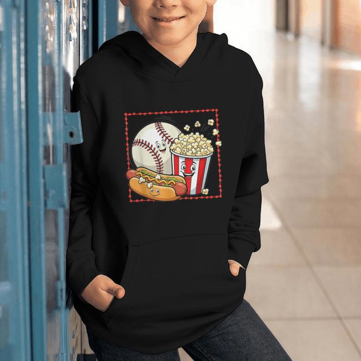 Smiling Baseball Popcorn And Hot-Dog Cartoon Apparel Graphic Youth Hoodie Smiling Baseball Popcorn And Hot-Dog Cartoon Apparel Graphic Youth Hoodie