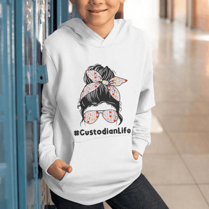 Custodian Life Messy Bun Hair Glasses Leopard Back To School Graphic Youth Hoodie Custodian Life Messy Bun Hair Glasses Leopard Back To School Graphic Youth Hoodie