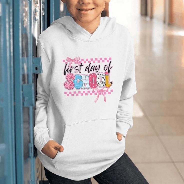 Girl First Day Of School Coquette Bow Pink Back To School Graphic Youth Hoodie Girl First Day Of School Coquette Bow Pink Back To School Graphic Youth Hoodie