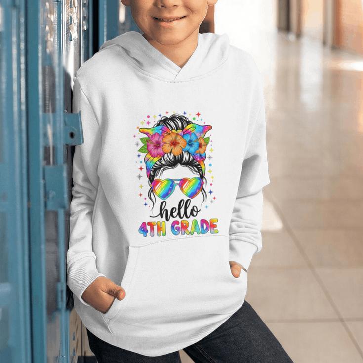 Hello 4th Grade Messy Bun Girls Back To School First Day Graphic Youth Hoodie