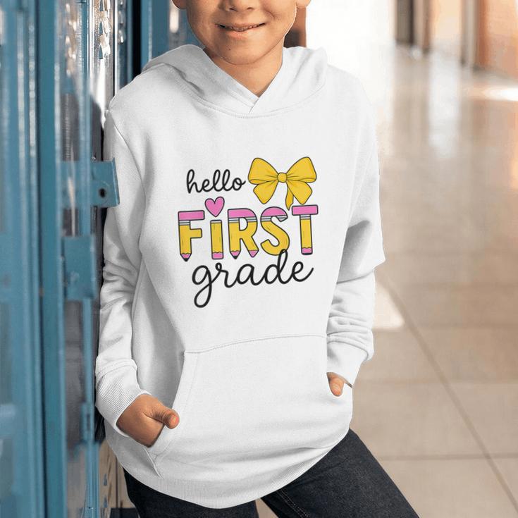 Hello First Grade For Girls Boys Cute Back To School Pencil Graphic Youth Hoodie Hello First Grade For Girls Boys Cute Back To School Pencil Graphic Youth Hoodie