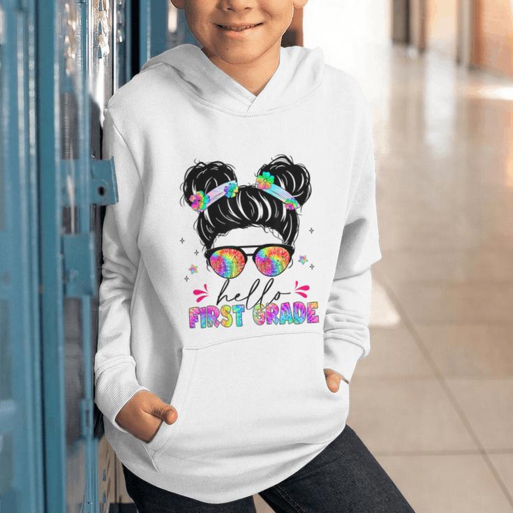 Hello First Grade Shirt Messy Bun Tie Dye Back To School Graphic Youth Hoodie Hello First Grade Shirt Messy Bun Tie Dye Back To School Graphic Youth Hoodie
