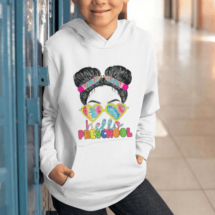 Hello Preschool Messy Bun Tie Dye Back To School Girls Kids Graphic Youth Hoodie