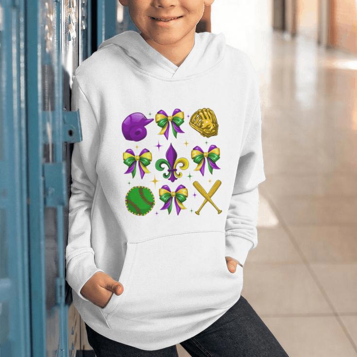 Mardi Gras Baseball Coquette Bow Fat Tuesday Parade Girls Graphic Youth Hoodie