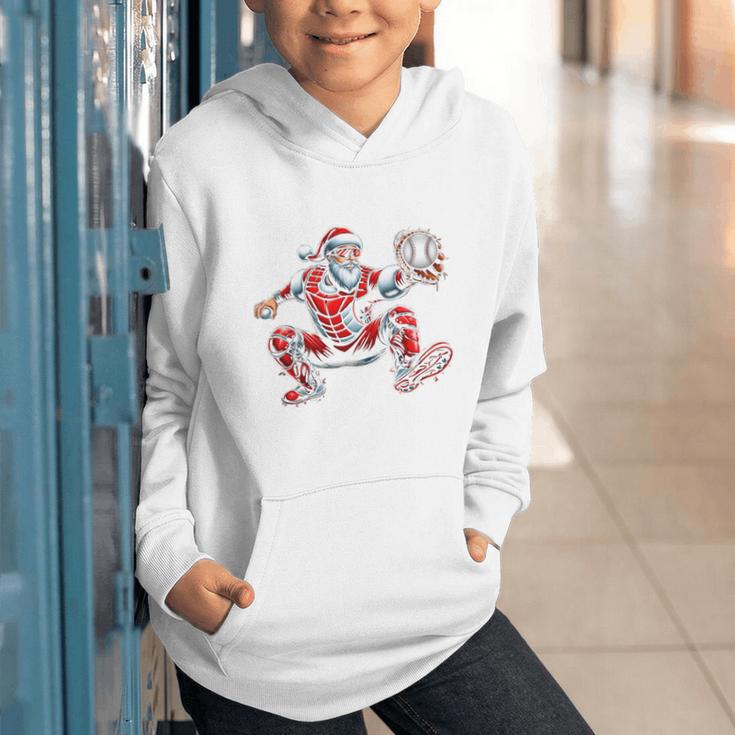 Santa Playing Baseball Catcher Merry Christmas Sport Player Graphic Youth Hoodie