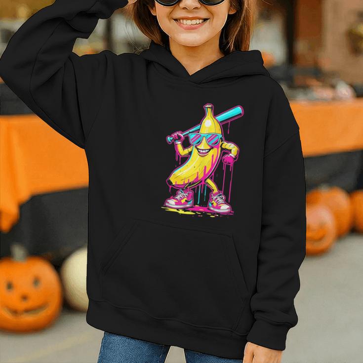 Banana With Baseball Bat Street Baseball Drip Graphic Youth Hoodie