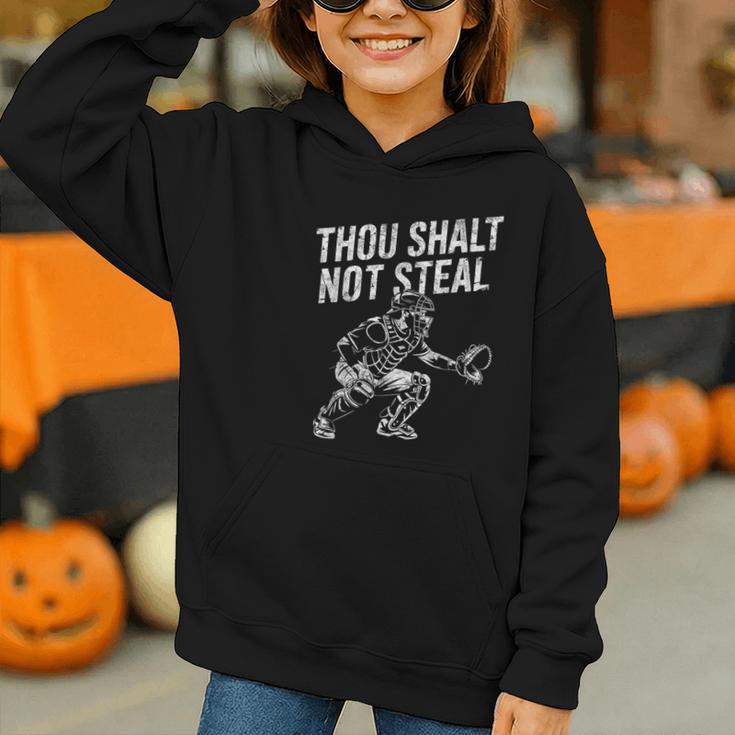 Baseball Player Catcher Thou Shalt Not Steal Coach Baseball Graphic Youth Hoodie Baseball Player Catcher Thou Shalt Not Steal Coach Baseball Graphic Youth Hoodie