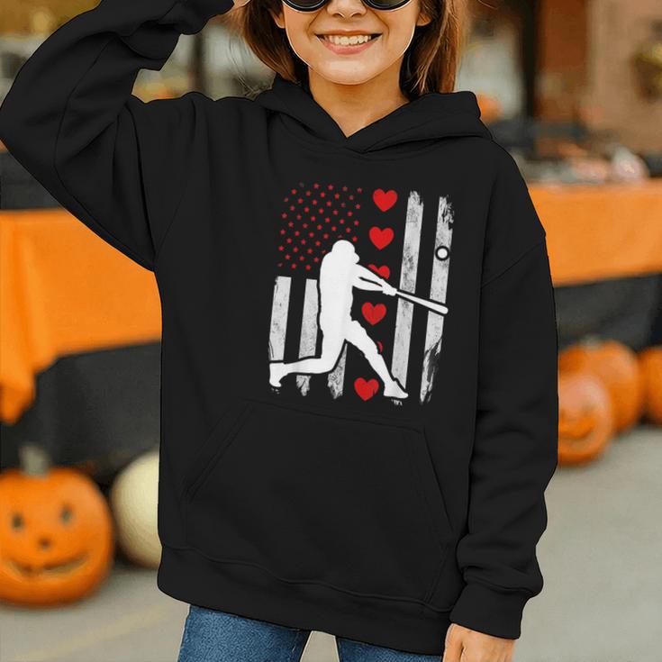 Baseball Silhouette Heart USA Flag Hearts American Boys Kids Graphic Youth Hoodie
