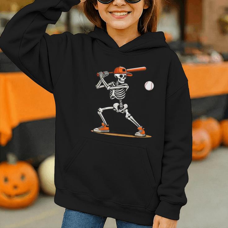 Baseball Skeleton Spooky Boys Halloween Baseball Player Graphic Youth Hoodie