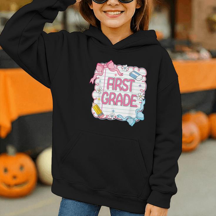 First Grade Back To School Girls Kids Coquette Bows Retro Graphic Youth Hoodie