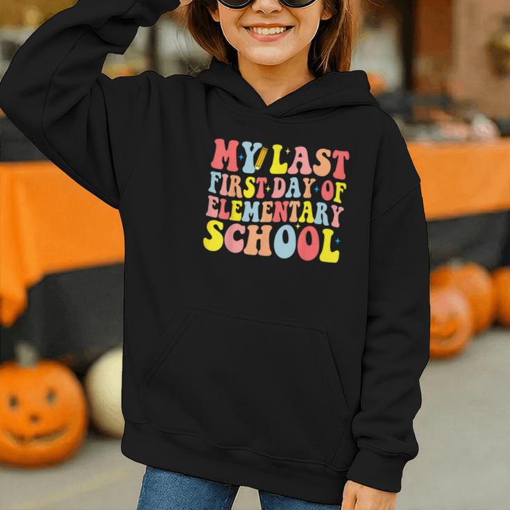 My Last First Day Of Elementary School Groovy Back To School Graphic Youth Hoodie My Last First Day Of Elementary School Groovy Back To School Graphic Youth Hoodie