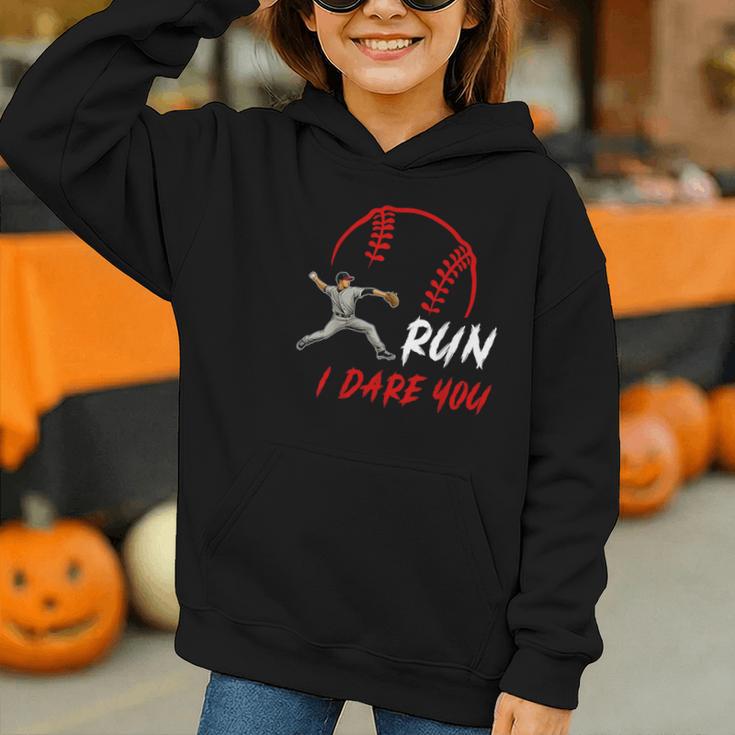 Run Steal I Dare You Humor Baseball Catcher Vintage Graphic Youth Hoodie