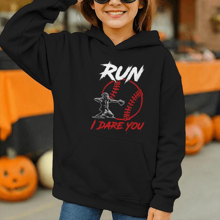 Vintage Baseball Catcher Boys Go Ahead Run I Dare You Graphic Youth Hoodie Vintage Baseball Catcher Boys Go Ahead Run I Dare You Graphic Youth Hoodie