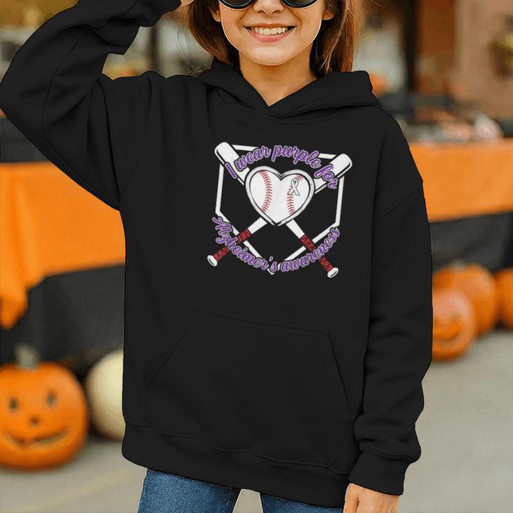 I Wear Purple For Alzheimers Awareness Baseball Heart Ribbon Graphic Youth Hoodie