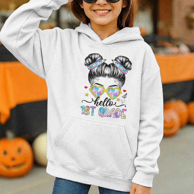 Hello 1st Grade Messy Bun Girl Back To School First Day Graphic Youth Hoodie Hello 1st Grade Messy Bun Girl Back To School First Day Graphic Youth Hoodie