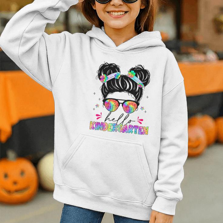 Hello Kindergarten Shirt Messy Bun Tie Dye Back To School Graphic Youth Hoodie Hello Kindergarten Shirt Messy Bun Tie Dye Back To School Graphic Youth Hoodie