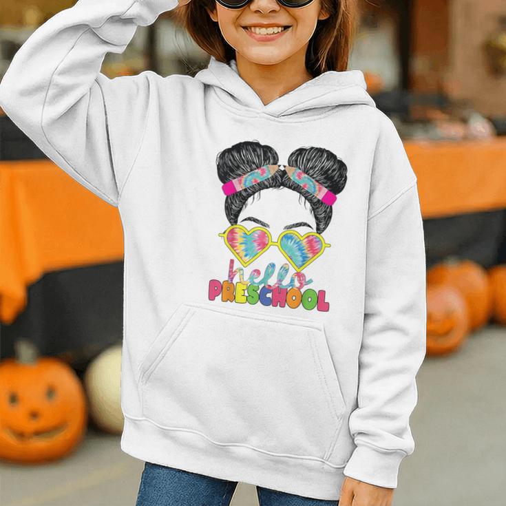 Hello Preschool Messy Bun Tie Dye Back To School Girls Kids Graphic Youth Hoodie