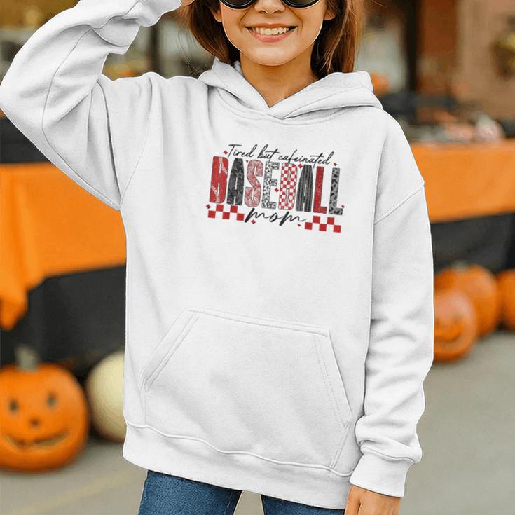 Retro Checkered Tired But Caffeinated Baseball Mom Leopard Graphic Youth Hoodie Retro Checkered Tired But Caffeinated Baseball Mom Leopard Graphic Youth Hoodie