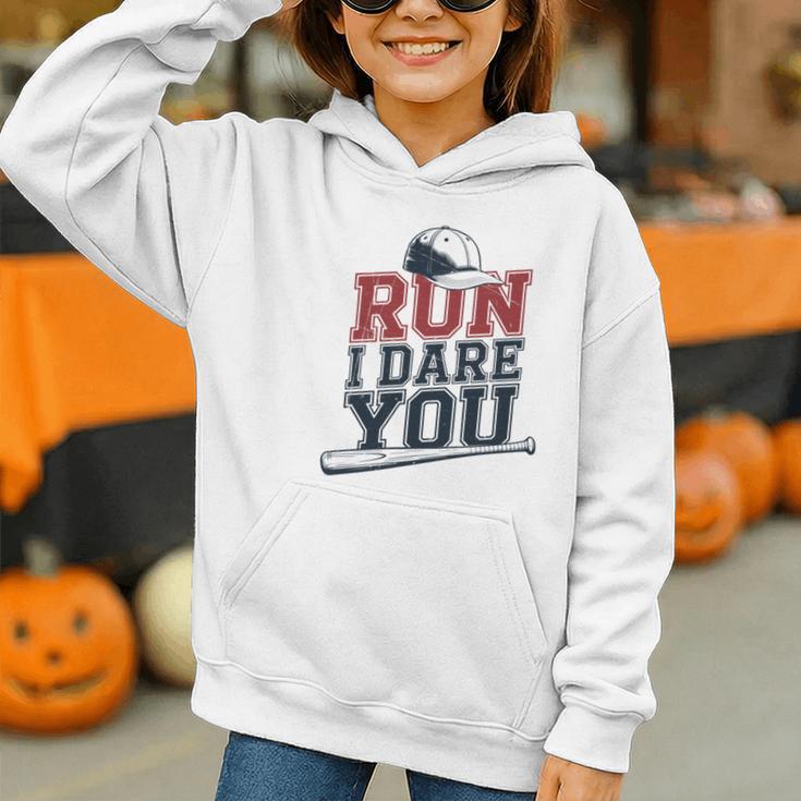 Run I Dare You Baseball Catcher Player Fan Graphic Youth Hoodie