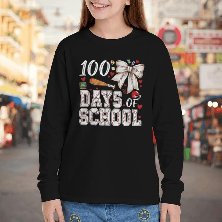 100 Days Of School Baseball 100th Day Of School Coquette Bow Youth Long Sleeve Tee