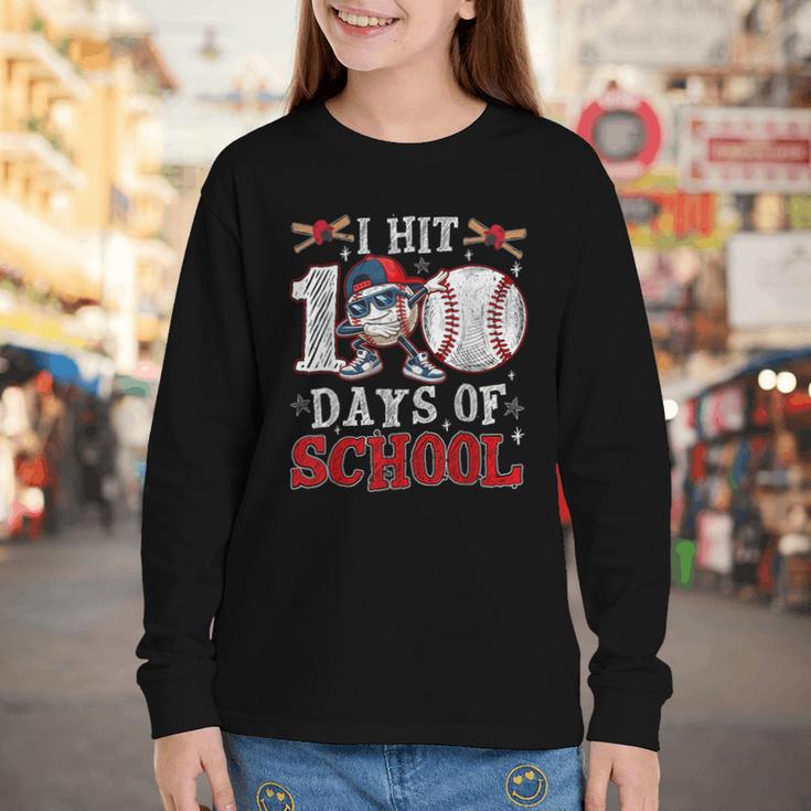 100 Days Of School Dabbing Baseball Hit Student Kids Boys Youth Long Sleeve Tee