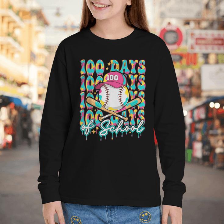 100 Days Of School Drip Baseball 100th Day Baseball School Youth Long Sleeve Tee