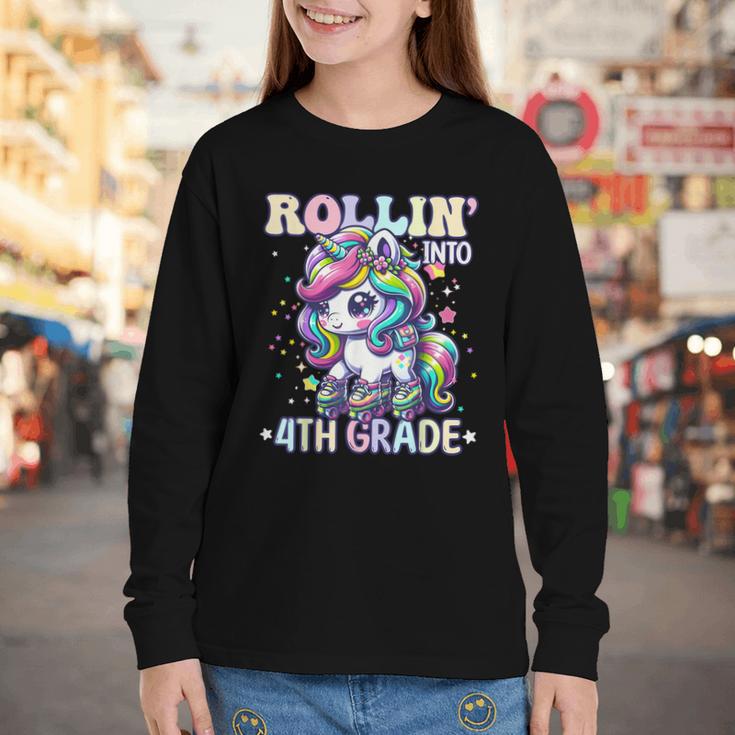 4th Grade Back To School First Day Girls Rollin Unicorn Youth Long Sleeve Tee