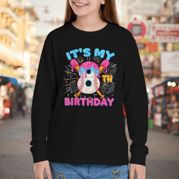 8th Birthday Baseball 8 Year Old Ice Cream Drip Boy Baseball Youth Long Sleeve Tee