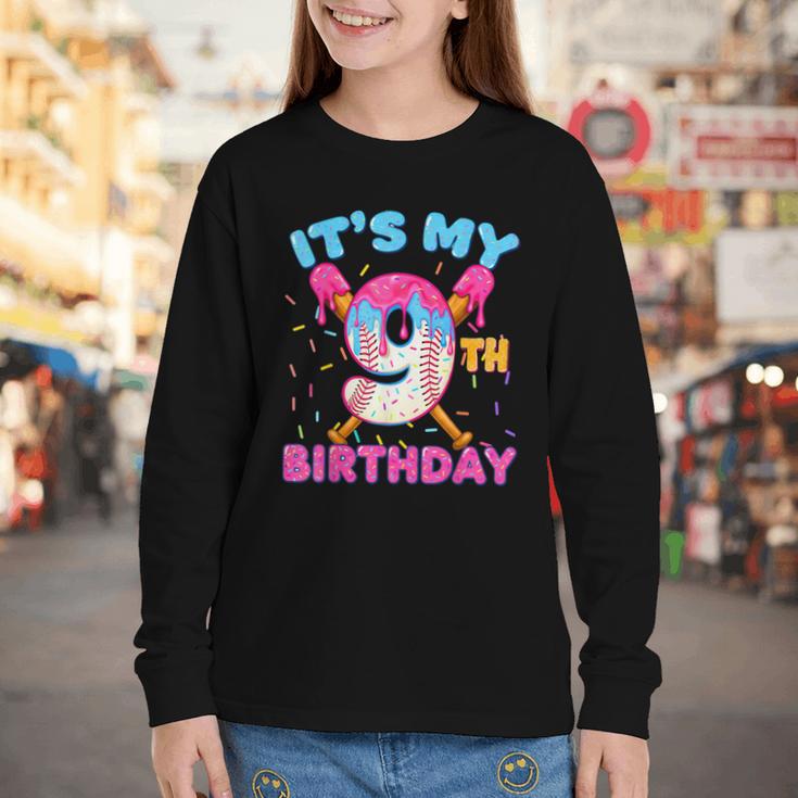 9th Birthday Baseball 9 Year Old Ice Cream Drip Boy Baseball Youth Long Sleeve Tee
