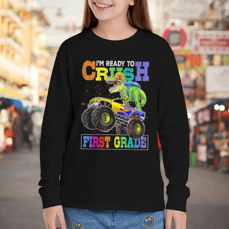 Back To School Boy Dinosaur I'm Ready To Crush First Grade Youth Long Sleeve Tee Back To School Boy Dinosaur I'm Ready To Crush First Grade Youth Long Sleeve Tee