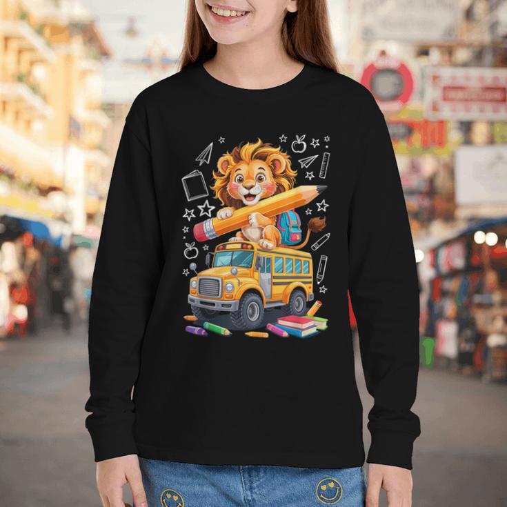 Back To School Lion School Bus 100 Days Of School Youth Long Sleeve Tee