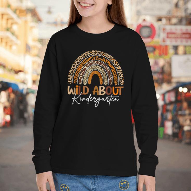 Back To School Wild About Kindergarten Leopard Rainbow Youth Long Sleeve Tee