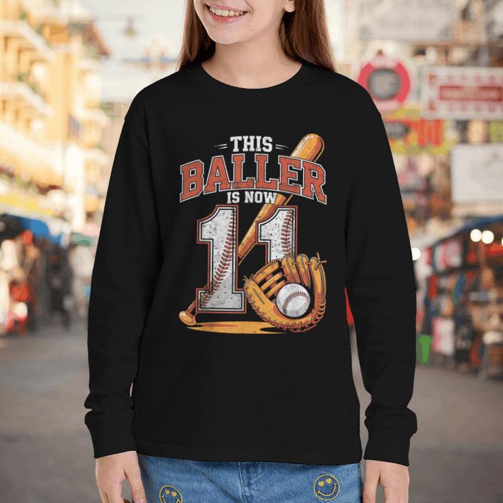 This Baller Is Now 11 Year Baseball Player 11th Birthday Boy Youth Long Sleeve Tee