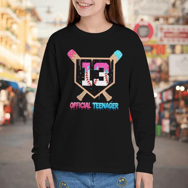 Baseball 13 Year Ice Cream Drip 13th Bday Official Teenager Youth Long Sleeve Tee