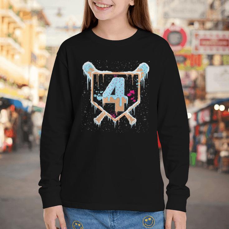 Baseball 4 Year Old Ice Cream Drip 4th Birthday Boy Number 4 Youth Long Sleeve Tee Baseball 4 Year Old Ice Cream Drip 4th Birthday Boy Number 4 Youth Long Sleeve Tee