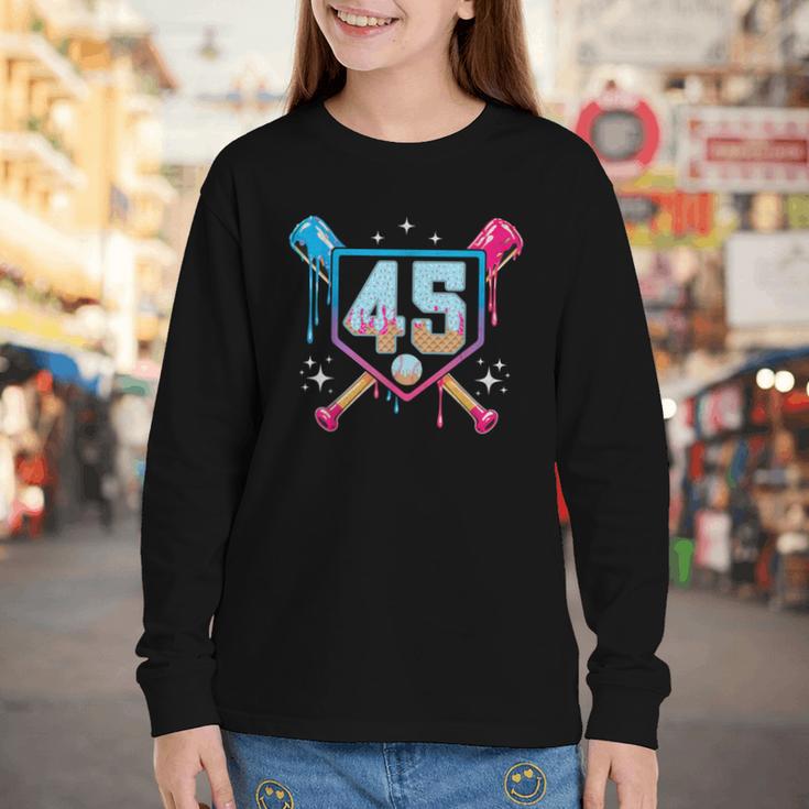 Baseball 45 Year Old Ice Cream Drip 45th Birthday Number 45 Youth Long Sleeve Tee Baseball 45 Year Old Ice Cream Drip 45th Birthday Number 45 Youth Long Sleeve Tee