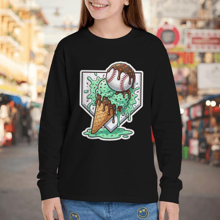 Baseball Boys Ice Cream Drip Baseball Boys Youth Mint Choco Youth Long Sleeve Tee