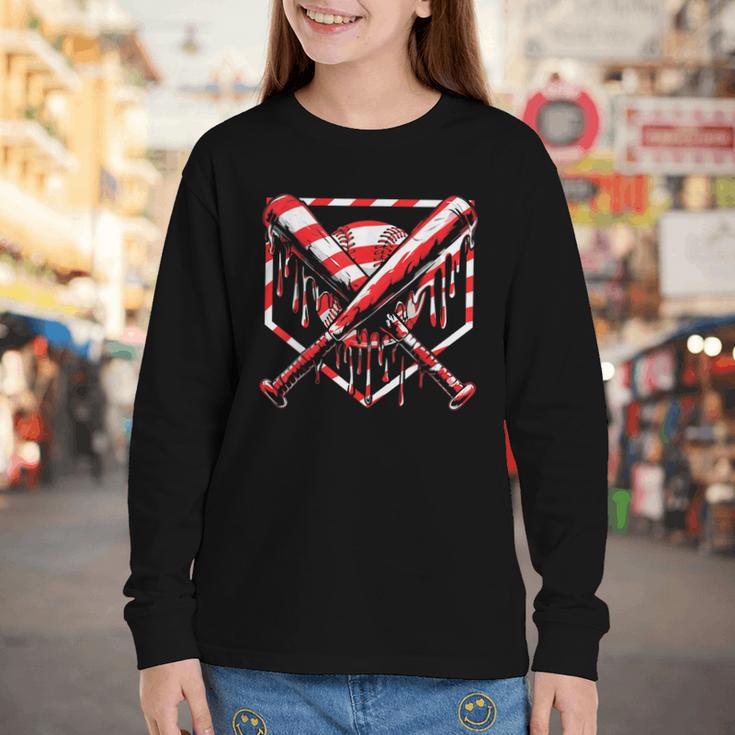 Baseball Candy Cane Christmas Baseball Ice Cream Drip Boys Youth Long Sleeve Tee