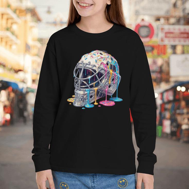 Baseball Catcher Mask Ice Cream Dripping Baseball Boys Youth Long Sleeve Tee