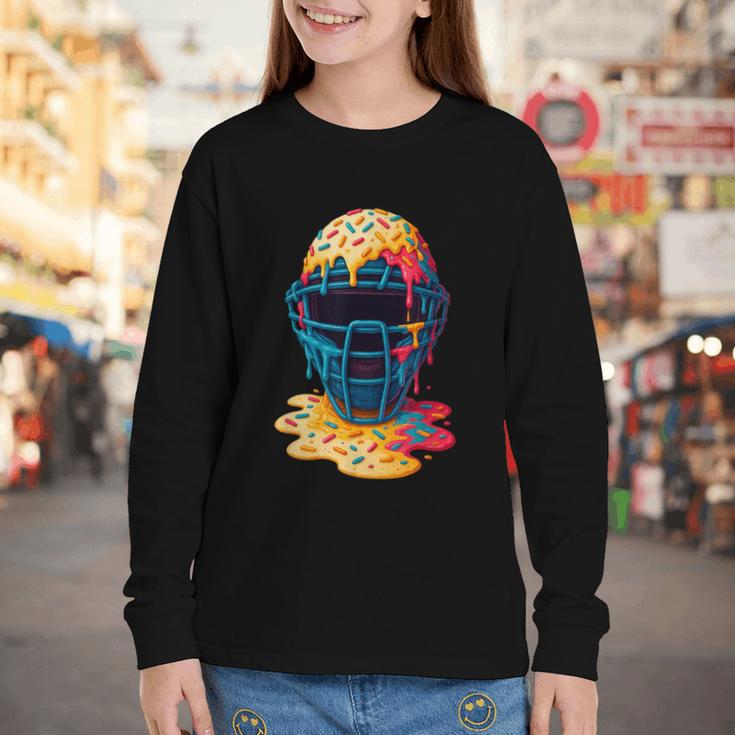 Baseball Catcher Mask Ice Cream Dripping Baseball Fan Boys Youth Long Sleeve Tee