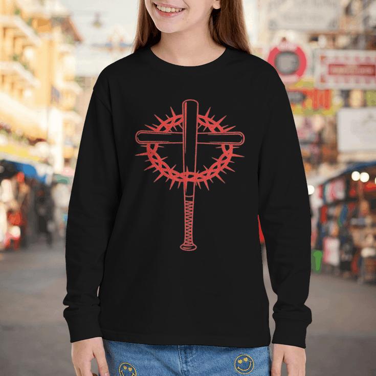 Baseball Cross Bats Pitcher Jesus Faith Youth Long Sleeve Tee Baseball Cross Bats Pitcher Jesus Faith Youth Long Sleeve Tee