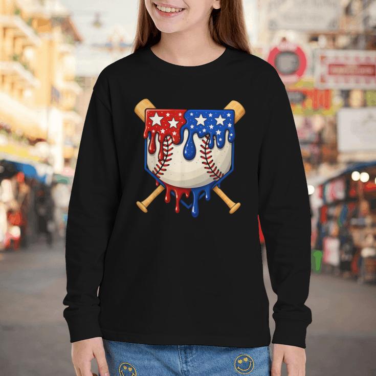 Baseball Drip American Flag Home Plate 4th Of July Patriotic Youth Long Sleeve Tee Baseball Drip American Flag Home Plate 4th Of July Patriotic Youth Long Sleeve Tee