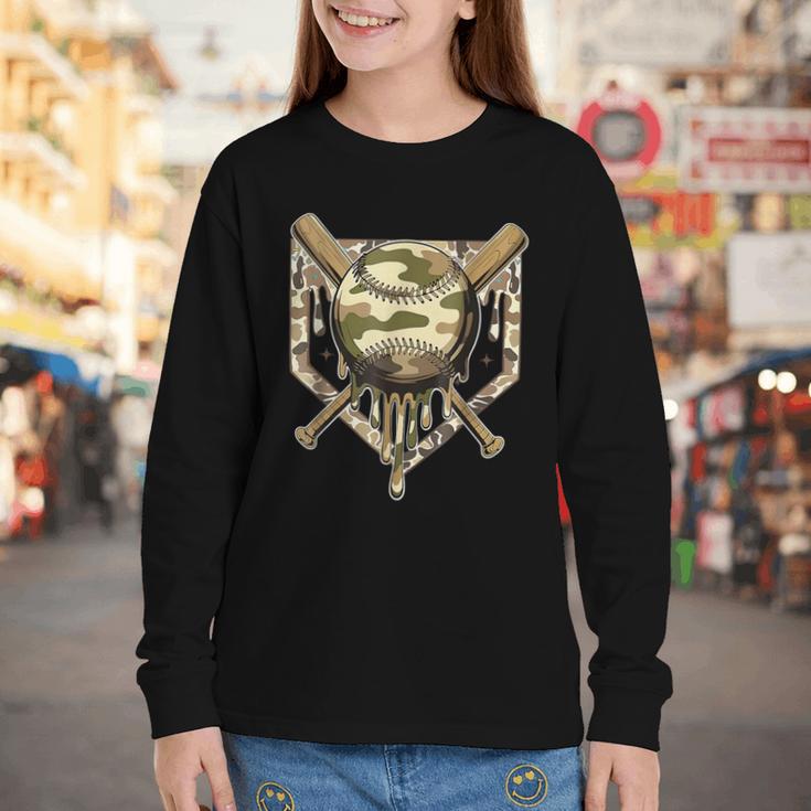 Baseball Drip For Boys Ice Cream Dripping Boys Baseball Camo Youth Long Sleeve Tee