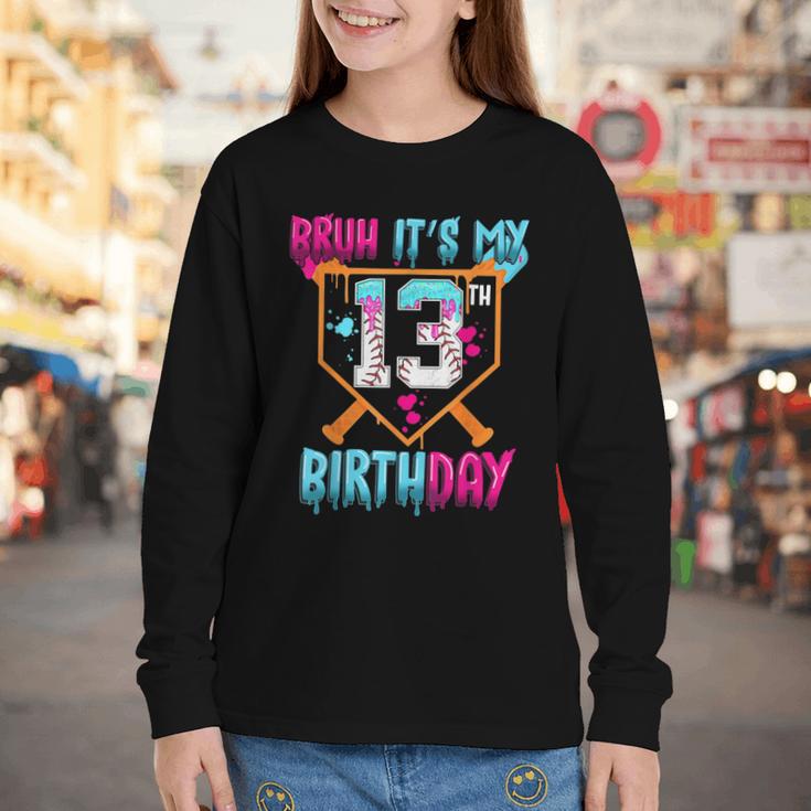 Baseball Drip Bruh It's My 13th Birthday Boy Ice Cream Drip Youth Long Sleeve Tee