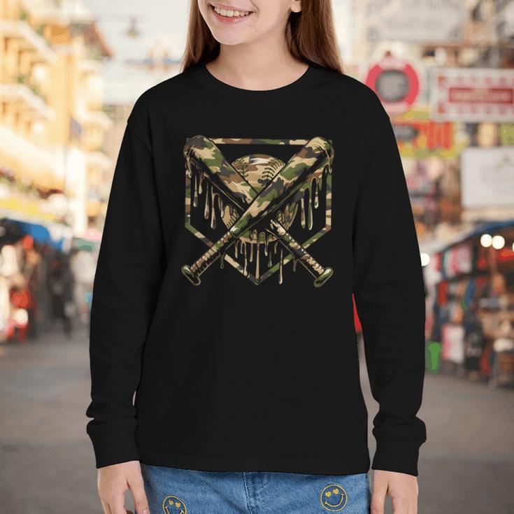 Baseball Drip Ice Cream Camo Home Plate Bats Sports Game Day Youth Long Sleeve Tee Baseball Drip Ice Cream Camo Home Plate Bats Sports Game Day Youth Long Sleeve Tee